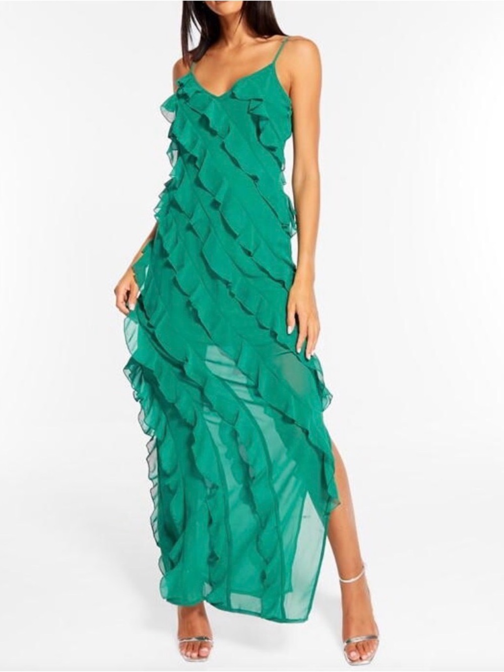 Missguided + Emerald Green Ruffle Maxi Dress